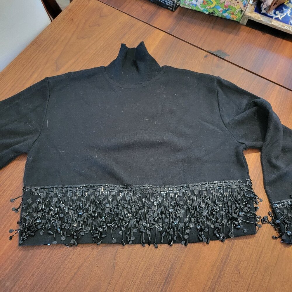 Italian Wool Cropped Black Sweater with Bead work Trim
